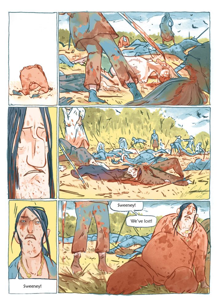 A bloody battle scene. A leader sits on the ground defeated.