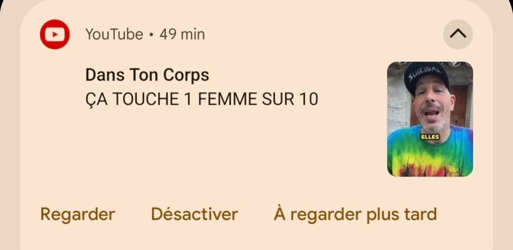 Notification mobile pour un nouvelle vidéo YouTube de la chaîne "Dans Ton Corps" intitulée "Ça touche 1 femme sur 10"