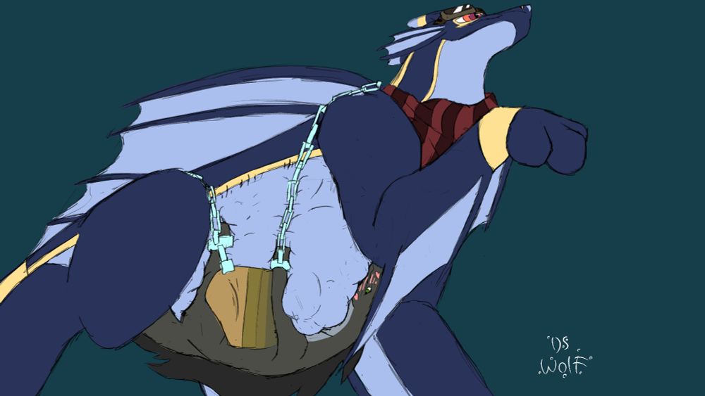 Kavora walking along, with a wyvern named Raiko chained to her full belly. Raiko is blushing heavily and clearly happy with where he's ended up.