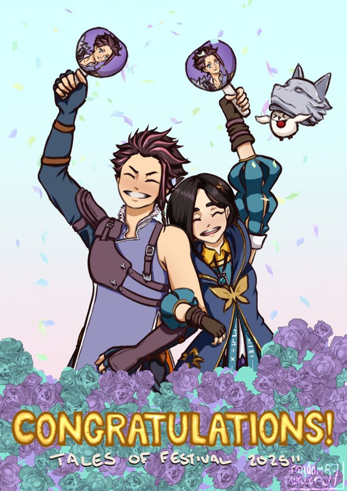 Drawing of Law and Rinwell grinning with their arms linked. In their other hands they each hold an uchiwa fan with Law on it. In front of them are blue and purple roses with balloons spelling "congratulations" in them. Nearby, Hootle is fluttering with Law's wolf head on his head.
