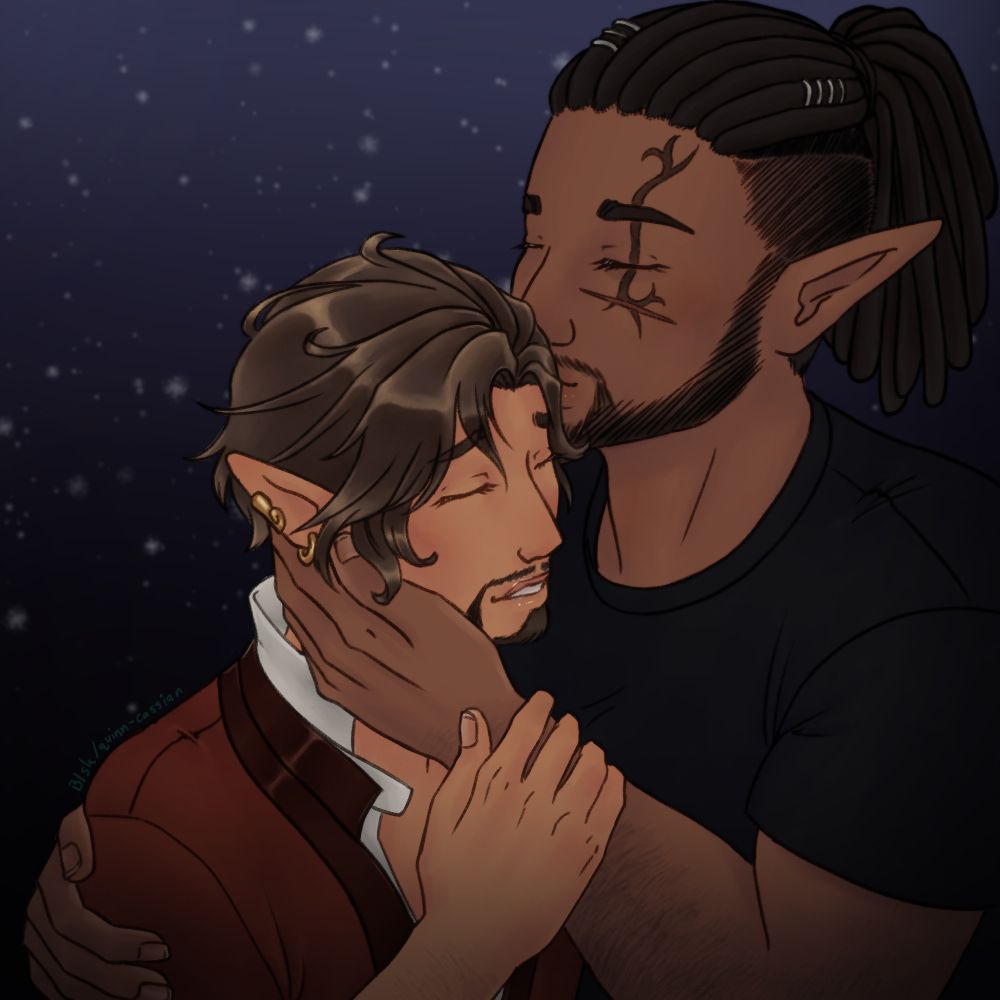 A larger dark-skinned Elezen man kisses the temple of a smaller tanned Elezen man. Both have their eyes closed and the love between them is evident. (Elezen are from Final Fantasy XIV.)