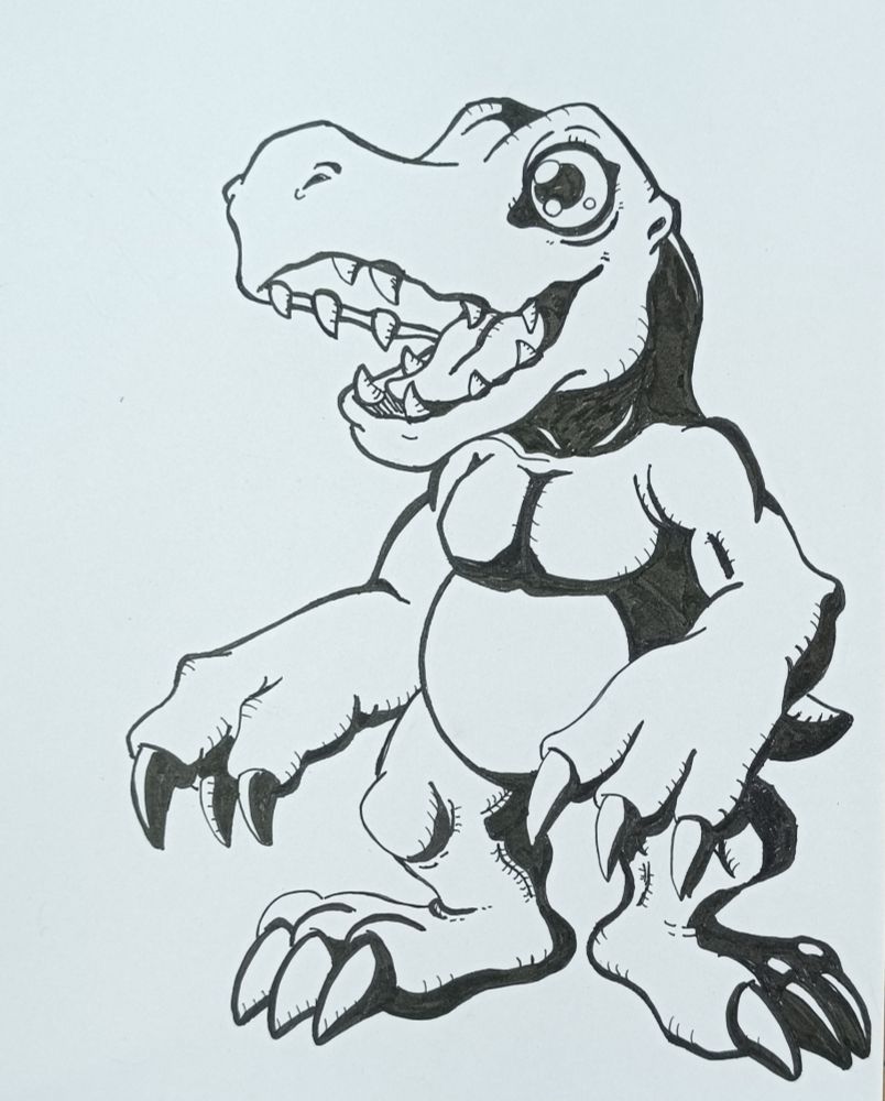 Black and white drawing of Agumon with its mouth open and looking to the side
