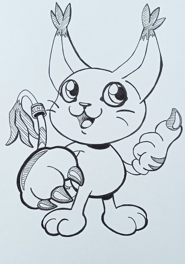 Black and white drawing of gatomon looking up with one hand up 