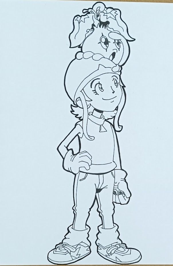 black and white drawing with Sora with Pyocomon on her head, looking far away impressed