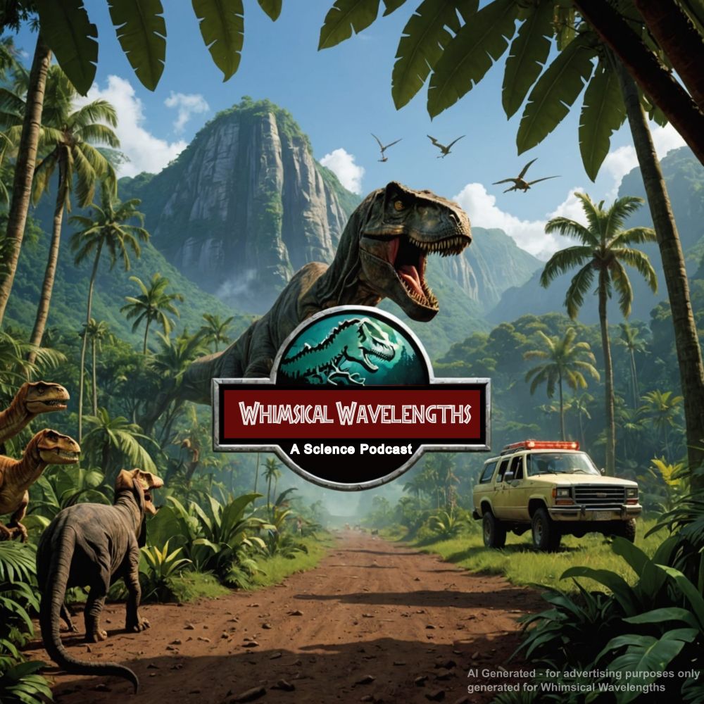 Promotional image for the "Whimsical Wavelengths" science podcast, styled like a Jurassic Park movie poster. Dinosaurs roam a lush tropical jungle with palm trees and a mountain in the background, while a safari vehicle is parked on a dirt road. The podcast logo features a T. rex silhouette with bold red and black text. The bottom notes it was AI-generated for advertising purposes.