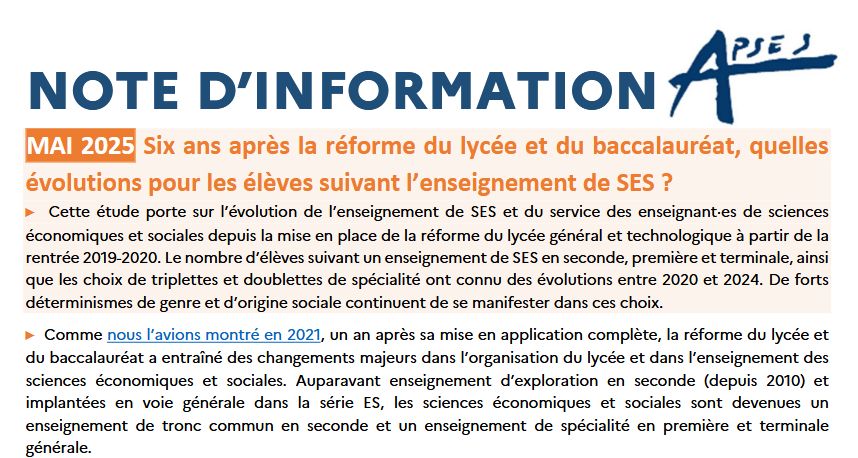 Image de l'introduction de la note d'information: "six ans après la réforme du lycée et du baccalauréat, quelles évolutions pour les élèves suivant l'enseignement de SES ?"