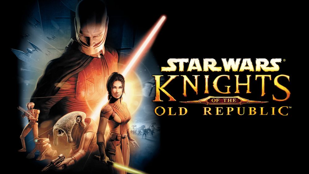 Promotional art for the video game Star Wars Knights of the Old Republic. Depicts the game's gold coloured logo. Also depicts the villain Darth Malak in the background, with the foreground filled out by the bronze coloured assassin android HK47, the squat robot T3M4, a long-faced aquatic alien, and the dark-haired companion character Bastila Shan. Malak is holding a red bladed lightsaber in sinister fashion, while Bastila has her yellow lightsaber lowered in a more passive stance.