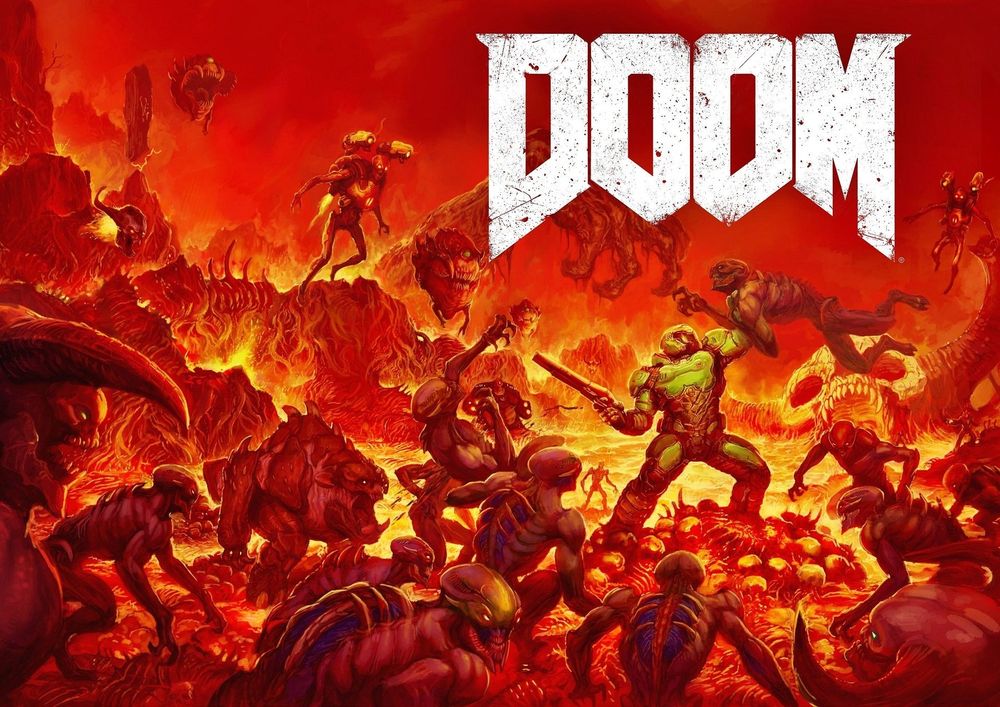 Promotional art for the 2016 game Doom, depicting the lead character The Doom Slayer wielding a sawed off shotgun and standing atop skeletal remains in a bright red hellscape. Around the Doom Slayer are an assortment of hell creatures lunging at him.