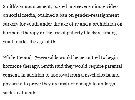 Screenshot of article text describing Alberta Premier Danielle Smith's announcement of a ban on gender reassigment surgery for those under 17 and prohibition on hormone therapy and puberty blockers for those under 16. 