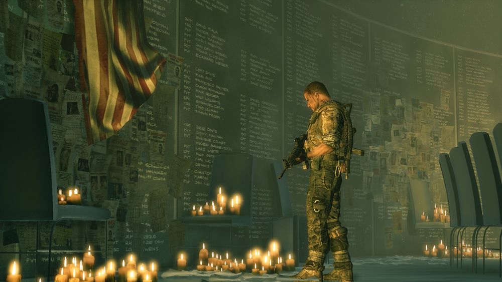 Screenshot from Spec Ops The Line, depicting Captain Walker looking at a memorial wall covered with the names of dead soldiers and various scraps of paper. Also near the wall are an assortment of lit candles. Part of the United States' flag can be seen in the top left corner.
