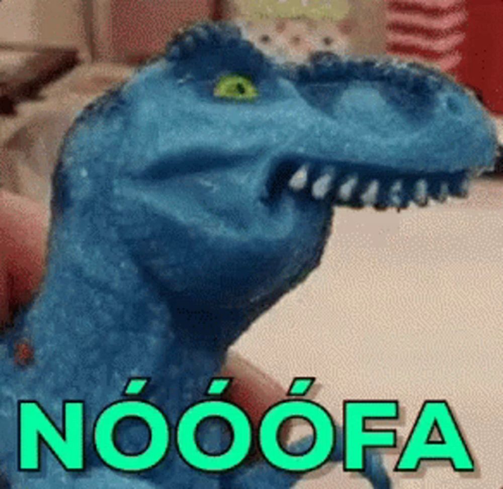 a person is holding a blue dinosaur with the word nooofa written on it