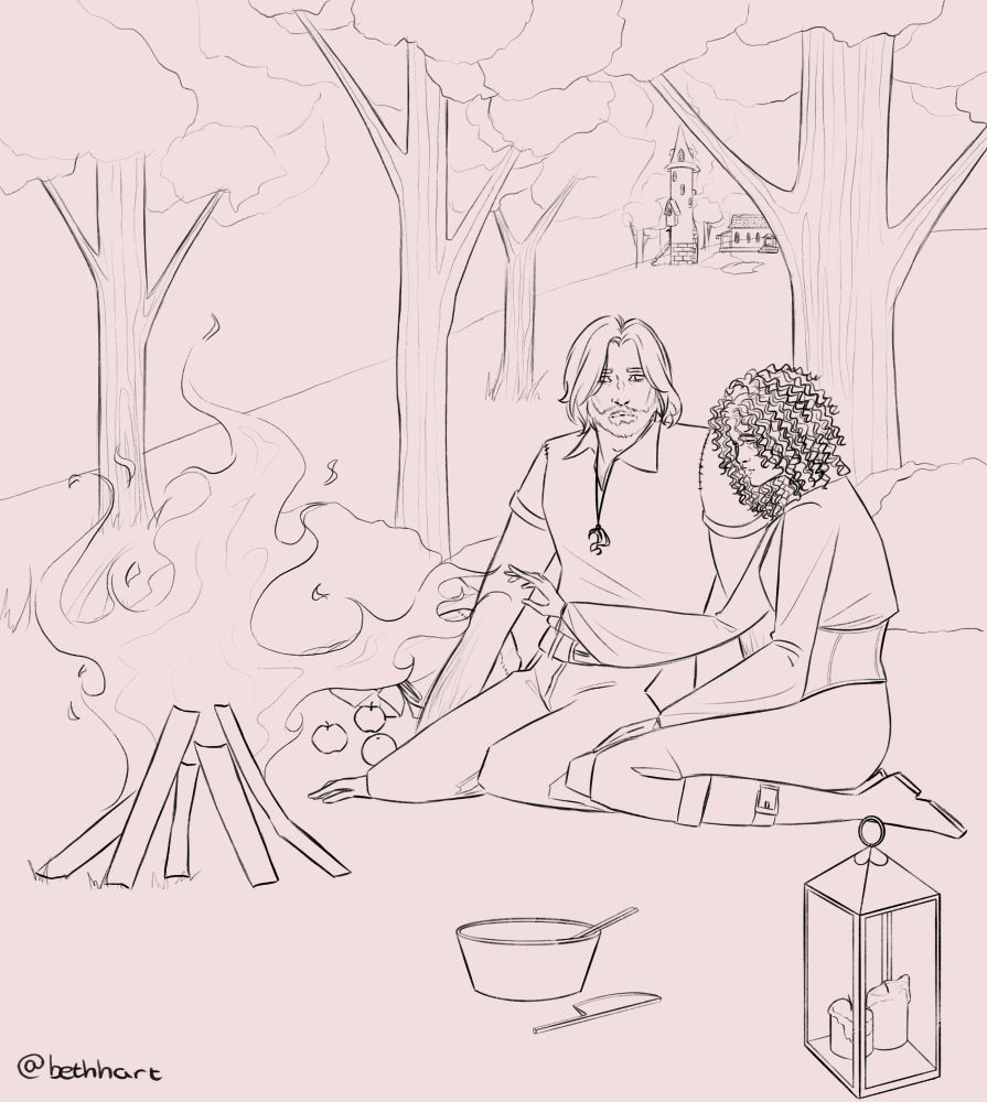 Unfinished drawing of original characters Emmett and Lilith. They are sat in front of a campfire in a forest. Lilith is reaching out towards the flames, and they are reaching out to her in return. 