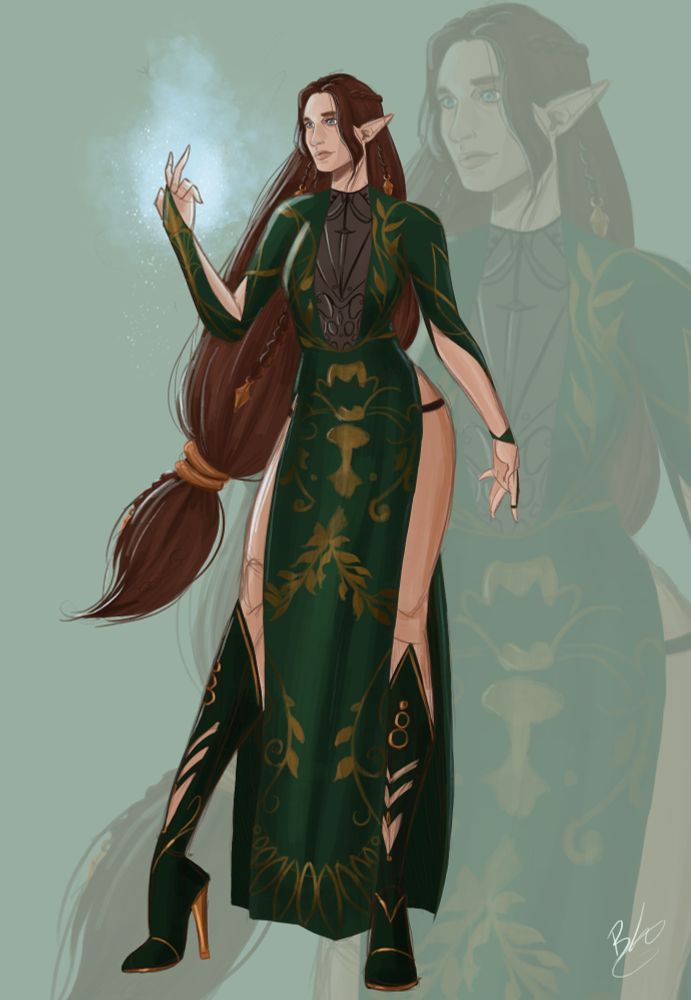 Digital drawing of Elf woman, conjuring Frost in her hand. She is clothed in a green dress with gold embroidery and knee high, heeled boots of the same colour. Her hair is brown, with braids in it and gold accessories.