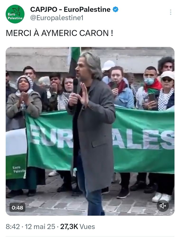 Capture écran d'un tweet d'Europalestine, en date du 12 mai 2025, remerciant Aymeric Caron pour sa présence à un rassemblement 