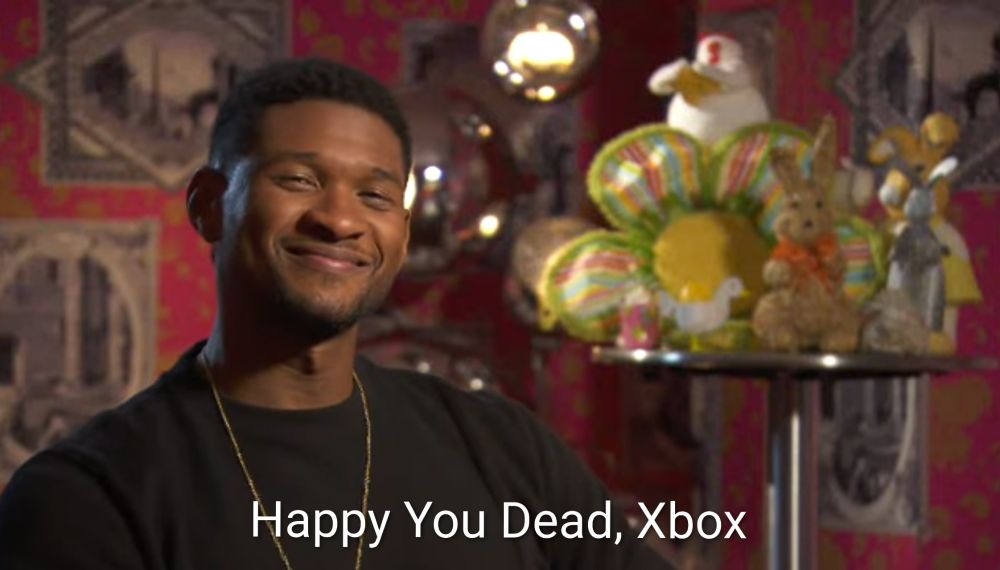 Screenshot of the infamous Usher "Happy Easter Xbox" video, of the Microsoft produced Usher "Happy [insert holiday here] Xbox" video series to promote the Dance Central series. Except this one has been labeled with the fake caption "Happy You Dead, Xbox"