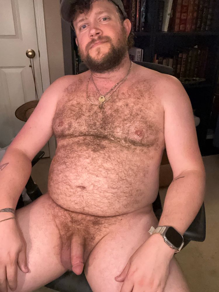 Full body pic of me sitting in my office chair, naked
