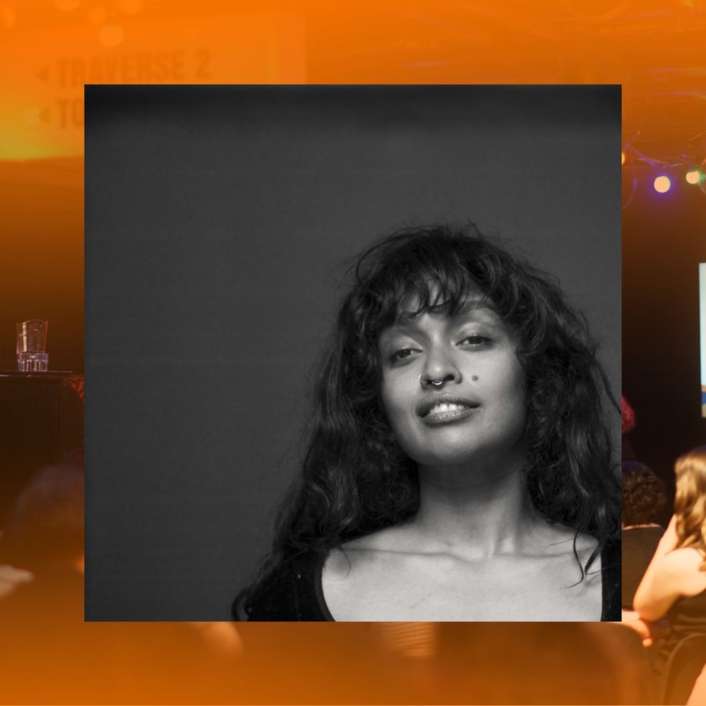 Image from Framework Festival 2024 with an orange filter as background. Main image is headshot of Uma.