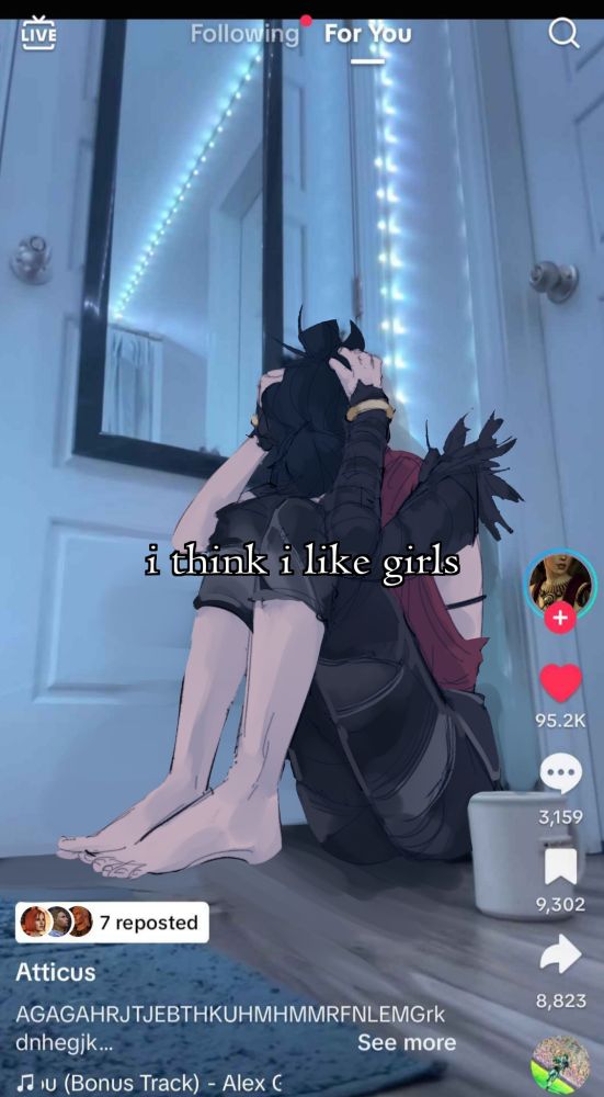 Screenshot of a tiktok drawn over with Morrigan DA2 in a ball. Caption: i think i like girls.