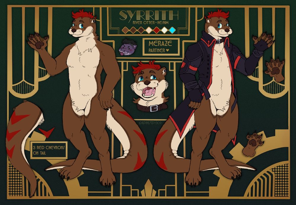 Syrrith, a river otter with red hair and markings. He is shown with a very cool black and red coat, with an art deco themed background framing the character elements.