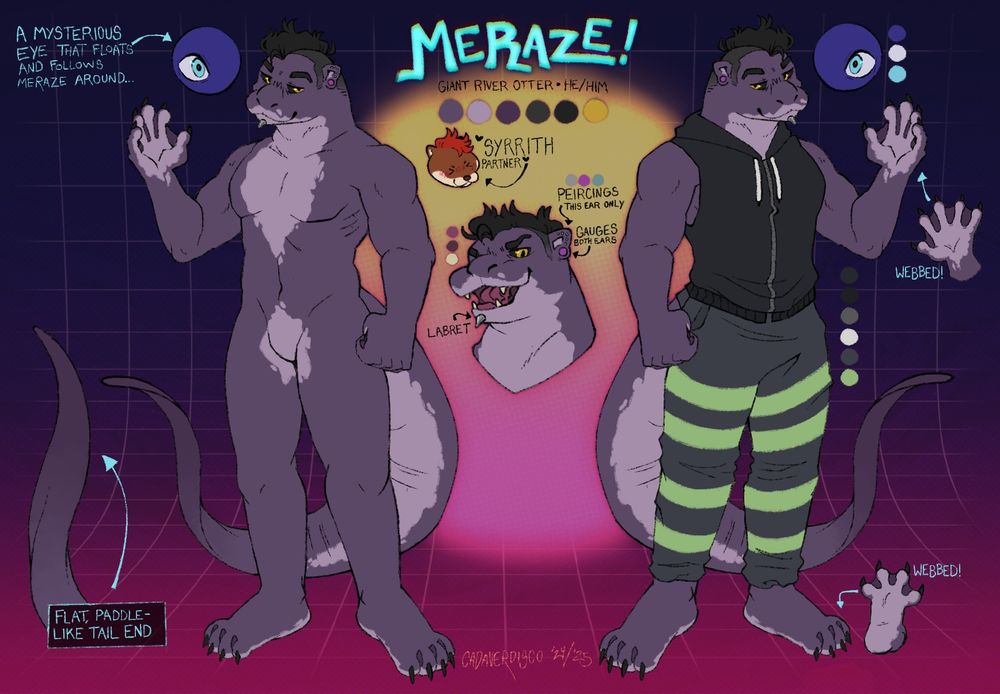 Meraze, a giant river otter. He is featured with his ominous floating eye-orb and depicted wearing what looks to be comfortable sportswear. His character elements are featured over a vaporwave inspired background.