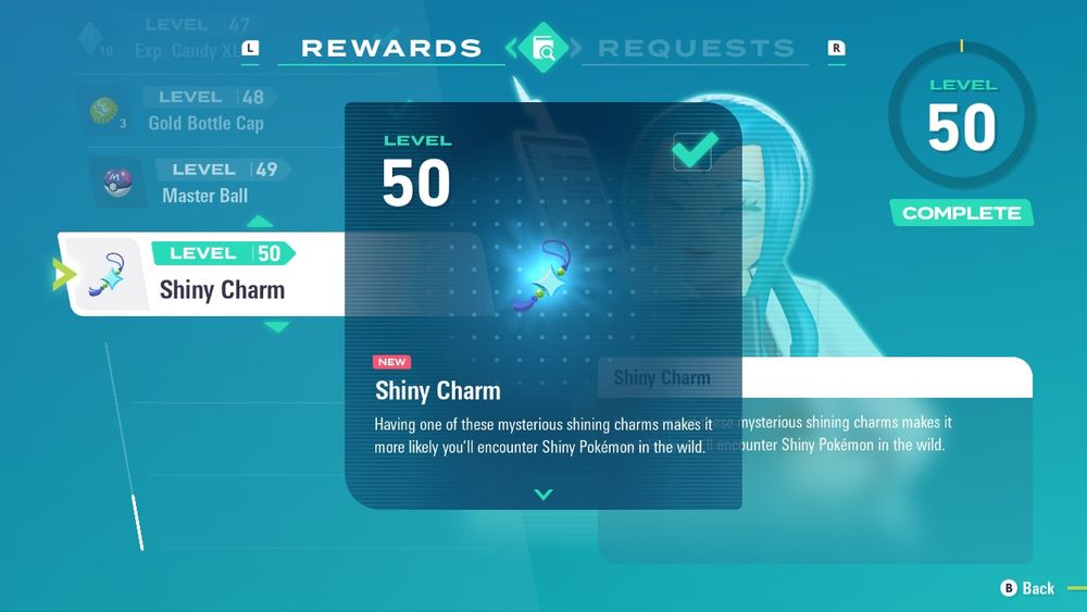 screenshot from Pokémon Legends ZA showing I reached level 50 in Mable's Research and got the Shiny Charm as reward. Description: "Having one of these mysterious shining charms makes it more likely you'll encounter Shiny Pokémon in the wild"
