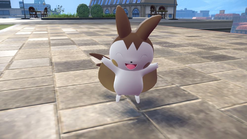 screenshot from Pokémon Legends ZA showing shiny Emolga looking cheerful 