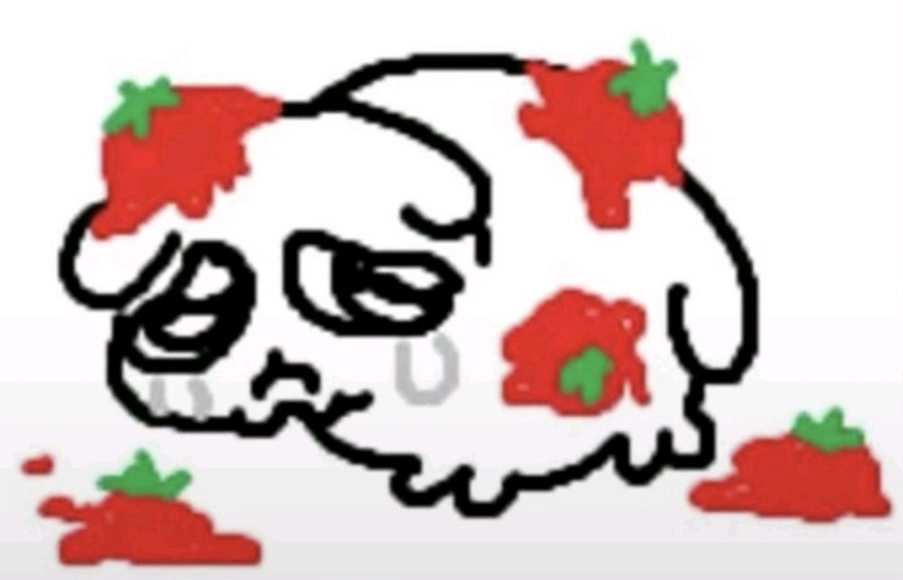 drawn meme, a dog-like creature with bug sad eyes crying bc it was hit with tomatoes 