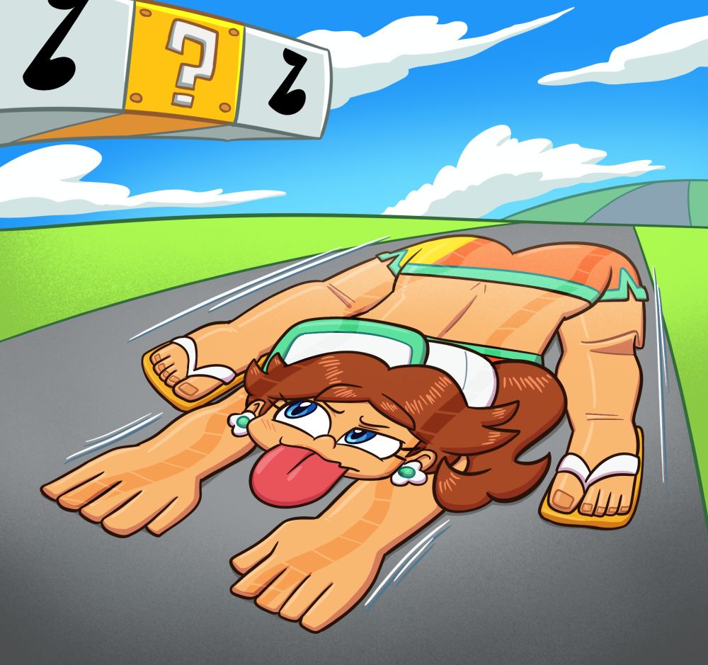 princess daisy cartoonishly flattened with her tongue sticking out