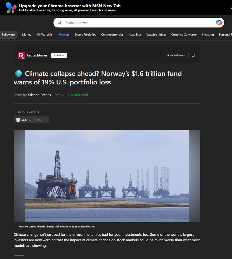 
Regtechtimes
22.1K Followers
🌍 Climate collapse ahead? Norway’s $1.6 trillion fund warns of 19% U.S. portfolio loss
Story by Krishna Pathak • 2mo • 4 min read
In this article

MSCI INC.
MSCI
▲ ‎+1.48%‎


