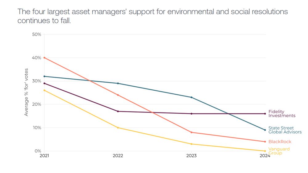The four largest asset managers' support for environmental and social resolutions continues to fall.
