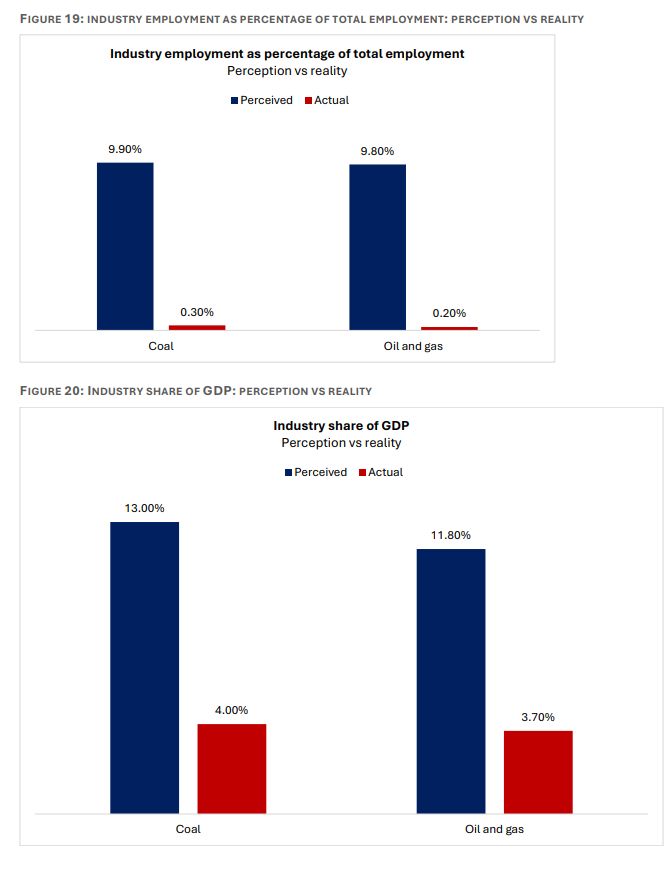 charts showing perceiptions of employment, gdp and tax all between 50x to around 5x higher then reality 