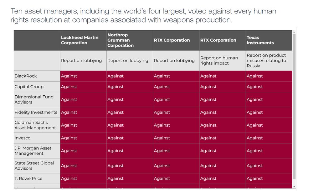 Ten asset managers, including the world’s four largest, voted against every human rights resolution at companies associated with weapons production.
