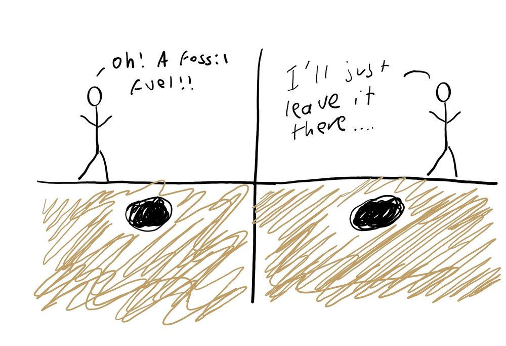 a cartoon with two panels

panel one is a stick figure saying "oh! a fossil fuel!!" standing above a crudely drawn black lump under a brown ground

Panel two is them walking away and saying "I'll just leave it there"

The head of the person is not a drawn circle but the letter O, because the random software I used to draw it did that for unexplained reasons