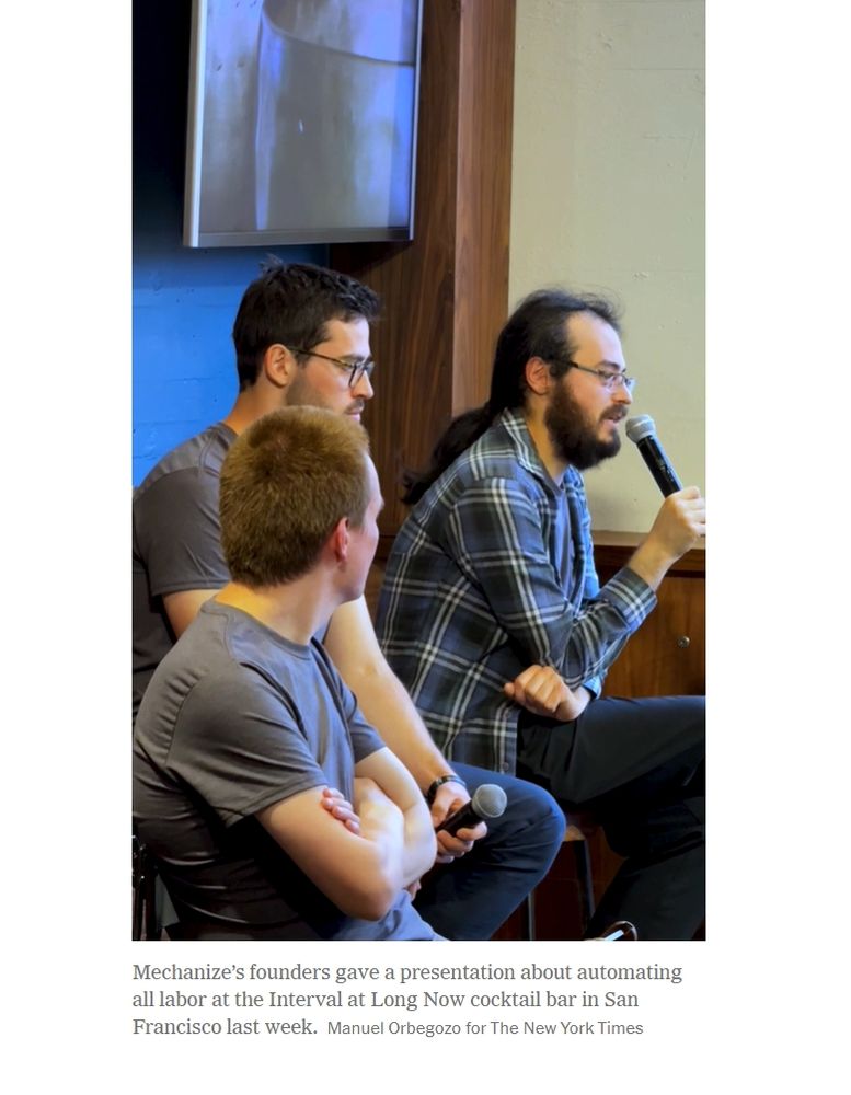 Mechanize’s founders gave a presentation about automating all labor at the Interval at Long Now cocktail bar in San Francisco last week.CreditCredit...Manuel Orbegozo for The New York Times