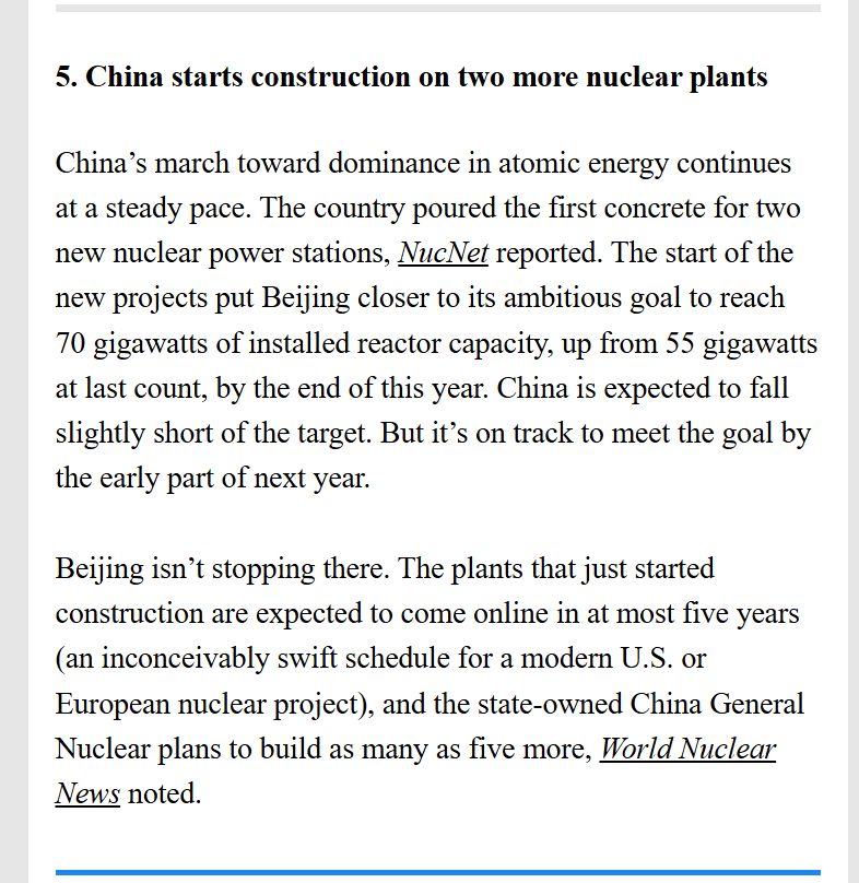 
5. China starts construction on two more nuclear plants

China’s march toward dominance in atomic energy continues at a steady pace. The country poured the first concrete for two new nuclear power stations, NucNet reported. The start of the new projects put Beijing closer to its ambitious goal to reach 70 gigawatts of installed reactor capacity, up from 55 gigawatts at last count, by the end of this year. China is expected to fall slightly short of the target. But it’s on track to meet the goal by the early part of next year.

 

Beijing isn’t stopping there. The plants that just started construction are expected to come online in at most five years (an inconceivably swift schedule for a modern U.S. or European nuclear project), and the state-owned China General Nuclear plans to build as many as five more, World Nuclear News noted. 
