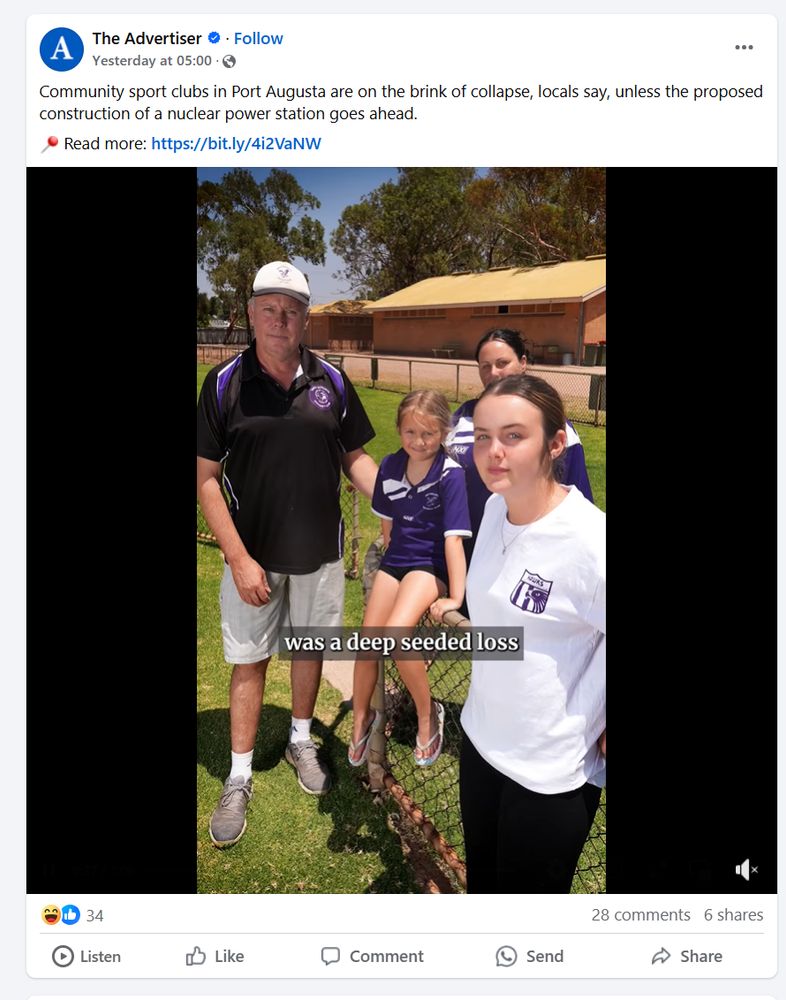 The Advertiser   · Follow
roopenSsdtc31
0
m
 
1
a
0
u
d
s
7
t
a
c
Y
h
y
6l4gt37546
:
10
t
f
e
5
e
 
fia5t
5
g9
0
1
r
7
  · 
Community sport clubs in Port Augusta are on the brink of collapse, locals say, unless the proposed construction of a nuclear power station goes ahead.
📍 Read more: https://bit.ly/4i2VaNW