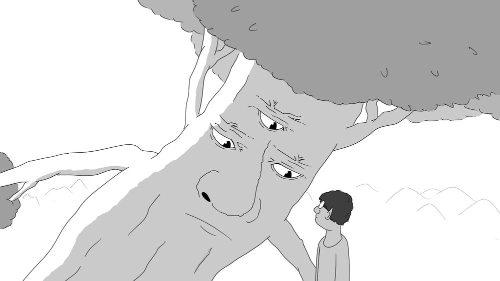 Winsler in front of a talking tree-eyed tree