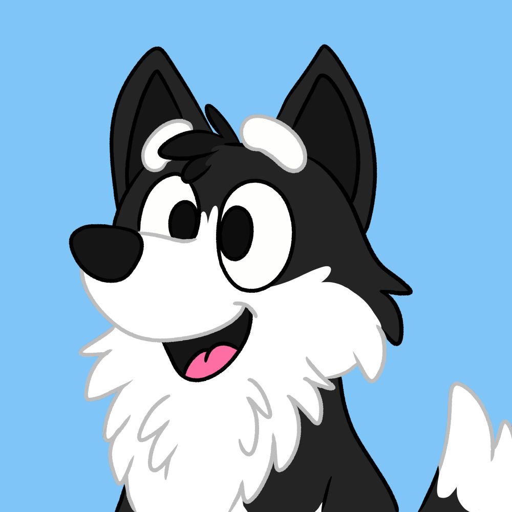 Black and white corgi drawn in the style of Bluey
