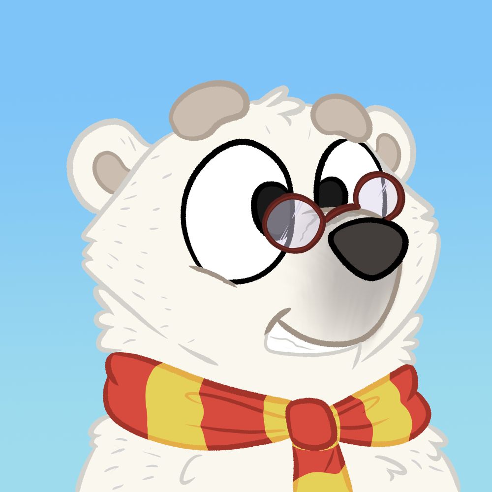 Polar bear wearing scarf and glasses done in the style of Bluey