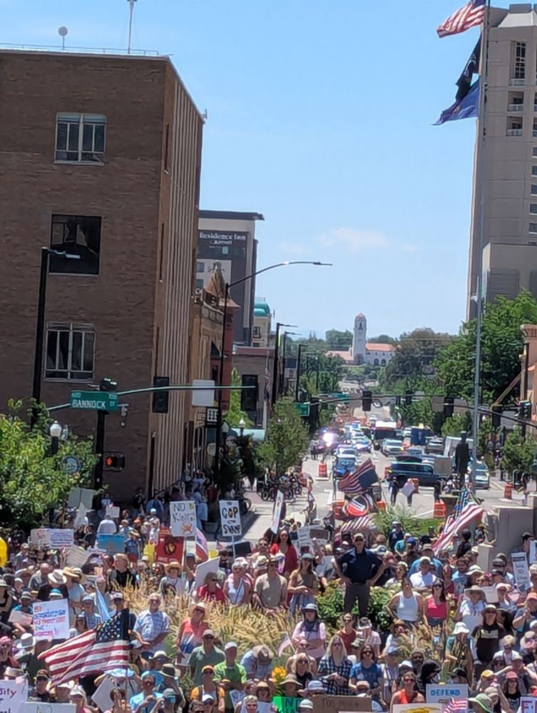 People in the distance still packed on other side of Bannock, 2 blocks from the Idaho Statehouse steps at the June 14th Boise No Kings Protest.