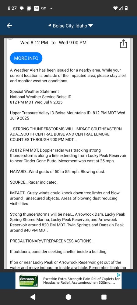 Preparedness alert from NWS for Ada, Boise and Elmore Counties. Lightning, gusting winds of 55mph and dust. Be aware of dust storm, falling limbs and lightning, and in the mountains be aware of gusting winds and lightning caused fires.