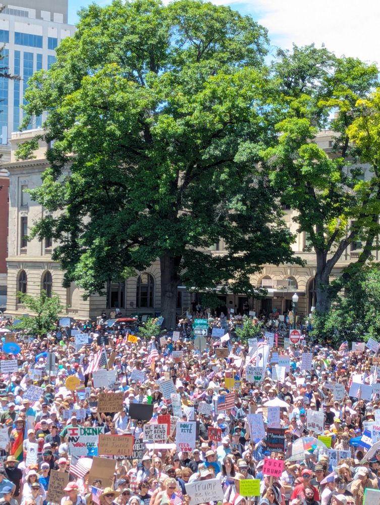People crowded all the way to park on South West of Statehouse in Boise, Idaho at June 14th No Kings Protest.