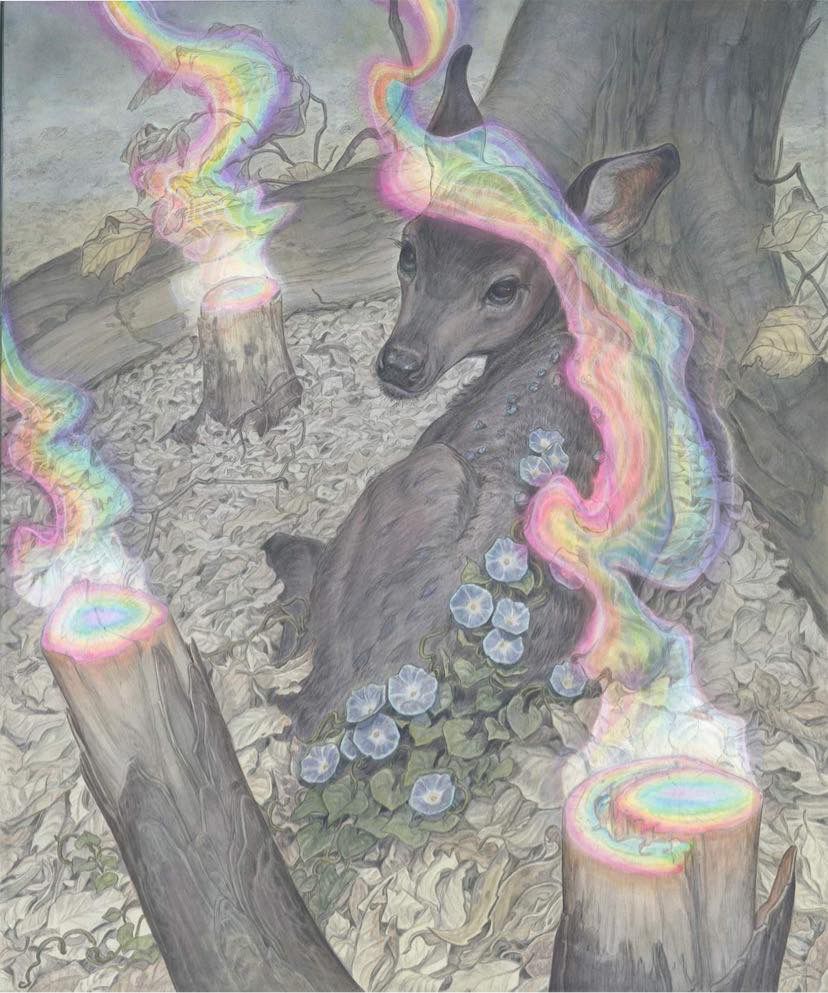 A painting of a  faun laying in a bed of dead leaves. Trees that were cut down breath in rainbow.