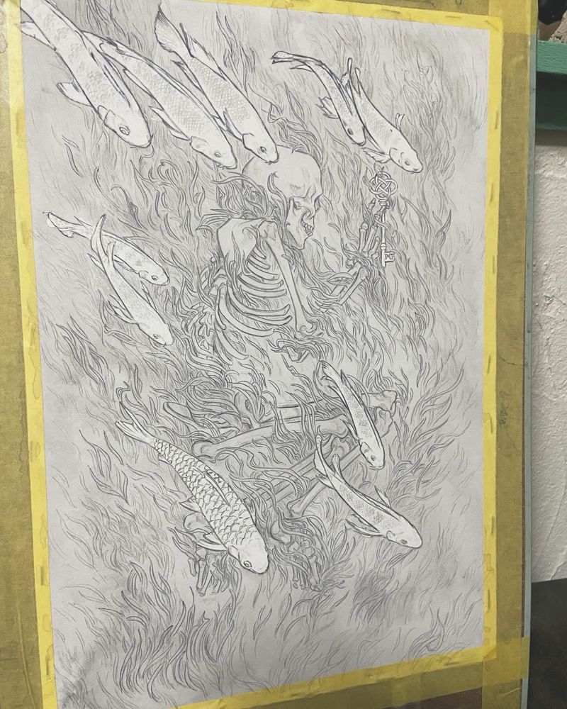 A drawing of a skeleton at the bottom of a lake surrounded by algae. Fish swim by

The tarot death card