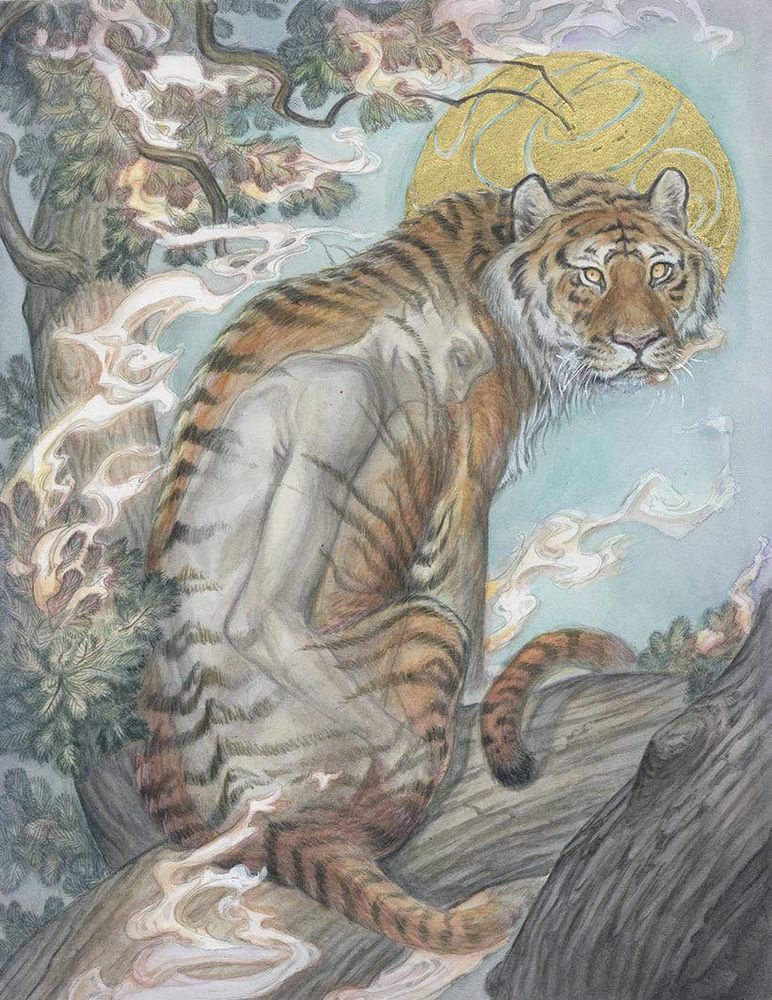 Monsters within 
A painting of a tiger on a fir tree with a spirit human inside
