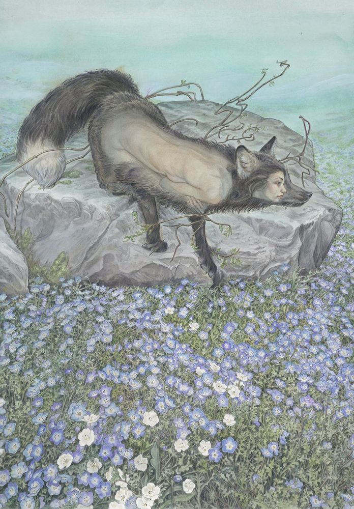 Monsters within.
A painting with blue flowers and a fox with a spirit human inside. 