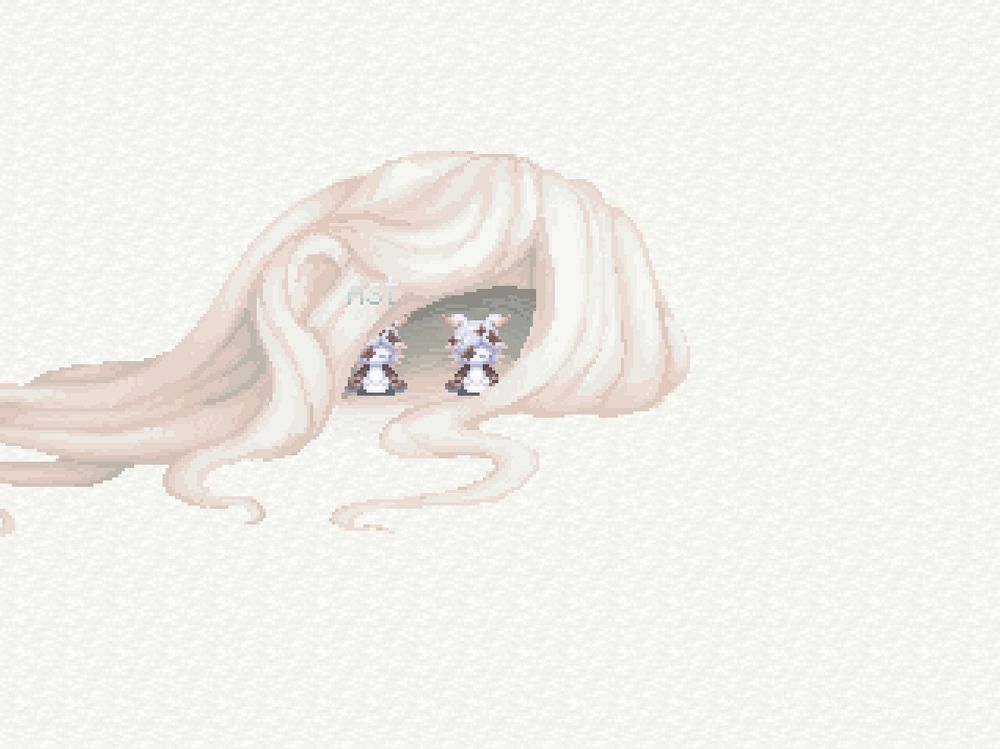 Hollowed-Out

Les deux Minnatsuki sont assises dans une ouverture en plein milieu de ce qui semble être une perruque géante de cheveux blancs/blonds extrêmement clairs. Le reste de la zone est faite entièrement de sol blanc.