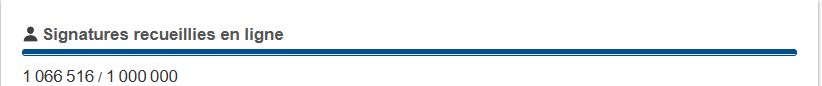 Capture d'écran montrant le nombre de signatures recueillies par la pétition pour interdire les thérapies de conversion pour LGBT+ dans toute l'UE.
1 066 516 signatures. Il en faut 1 000 000 pour que la proposition soit étudiée par l'UE, c'est donc une réussite !