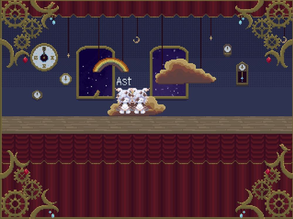 Clockwork Backstage

Les deux Minnatsuki sont assises sur un nuage qui fait office de banc, entre deux fenêtres qui laissent voir un ciel étoilé. Un grand rideau rouge est visible en dessous. Des horloges sont présentes sur les murs et les coins de l'écran sont décorés de rouages.