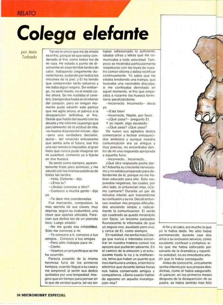 Página 33 de MicroHobby Especial nº1, con el relato "Colega Elefante" de Jesús Torbado (1/3)